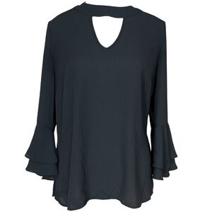 Soho Black Chest Cut Out Bell Sleeve Drapy Blouse Keyhole‎ Button Back